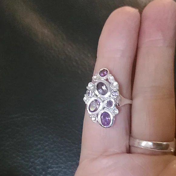 Amethyst modern style sterling & white gold ring sz7 - Picture 6 of 9